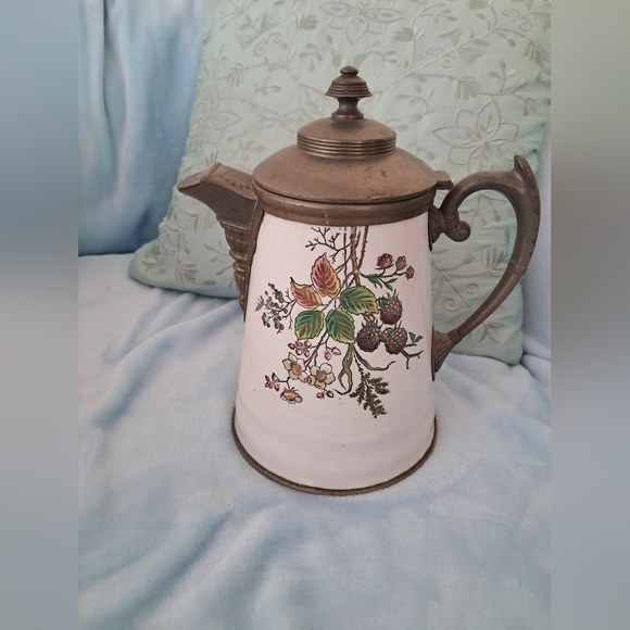 Antique Graniteware Enamel Pewter Coffee Pot Manning Bowman 9 3/4" - Picture 7 of 10